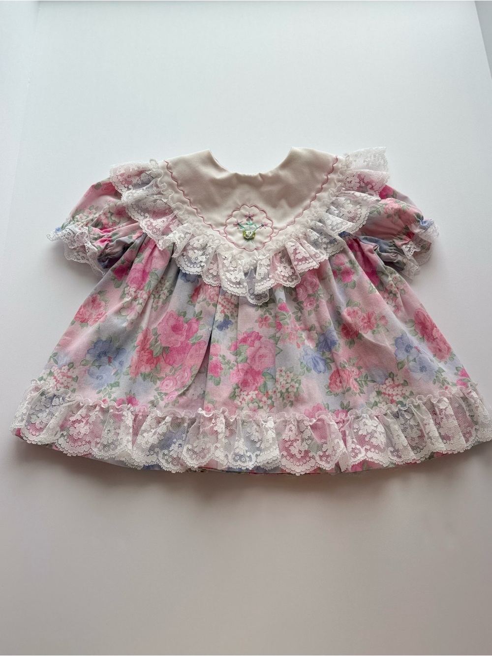 Vintage Pink Floral Lace Baby Top with Ruffle Collar